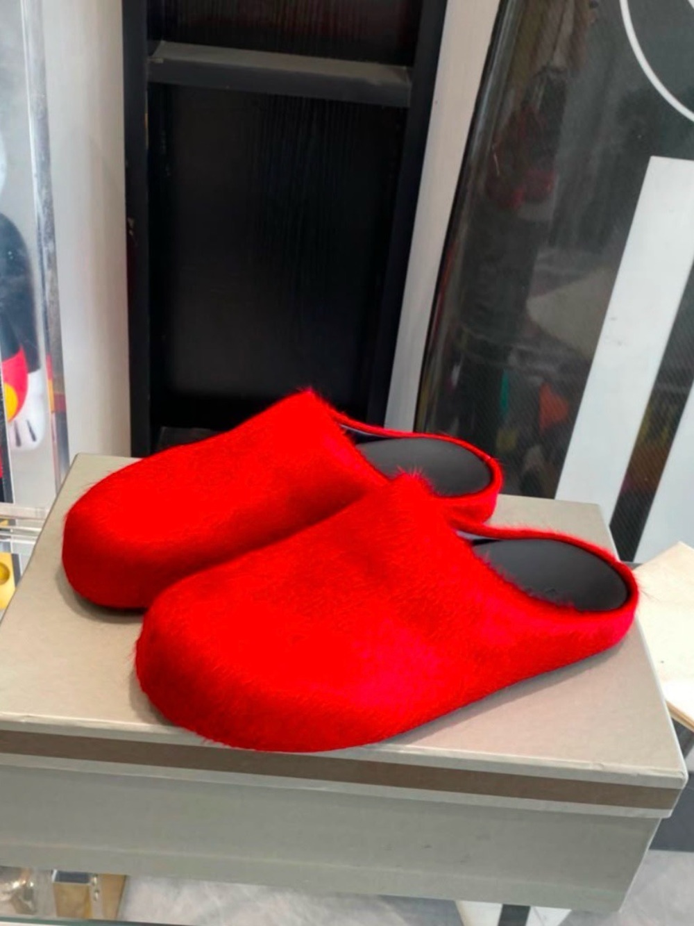 Marni Red Faux-Fur Slide Slippers